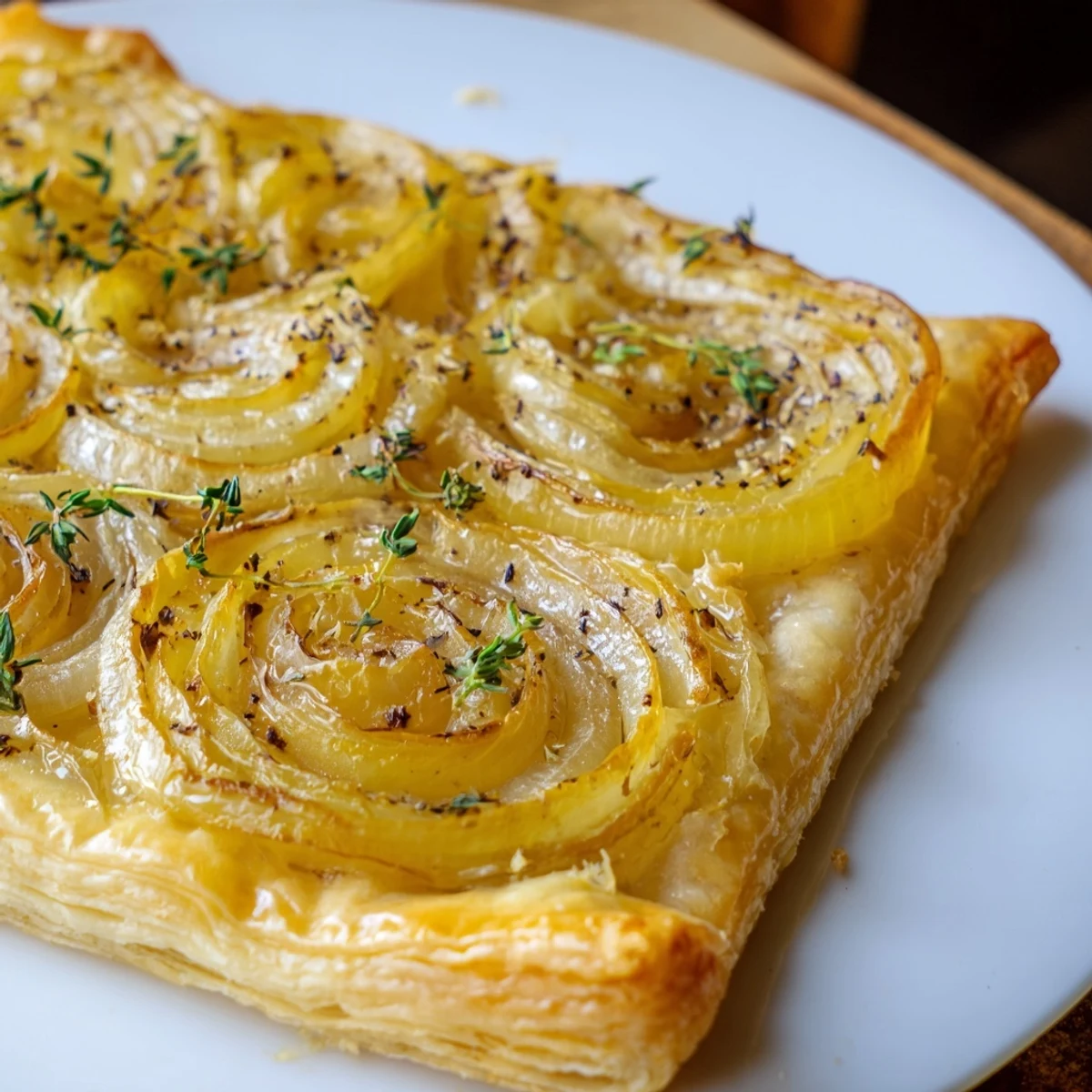Flaky, golden-brown Caramelized Onion Tart, showcasing a hearty serving perfect for an appetizer.