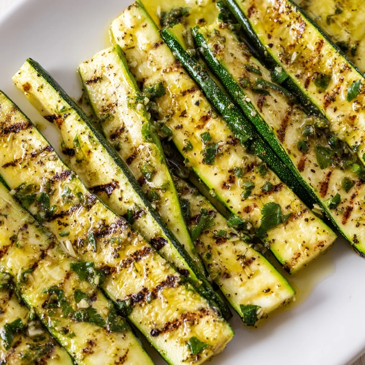Close up of sizzling Garlic Herb Grilled Zucchini with perfect grill marks, ready to enjoy as a side dish.