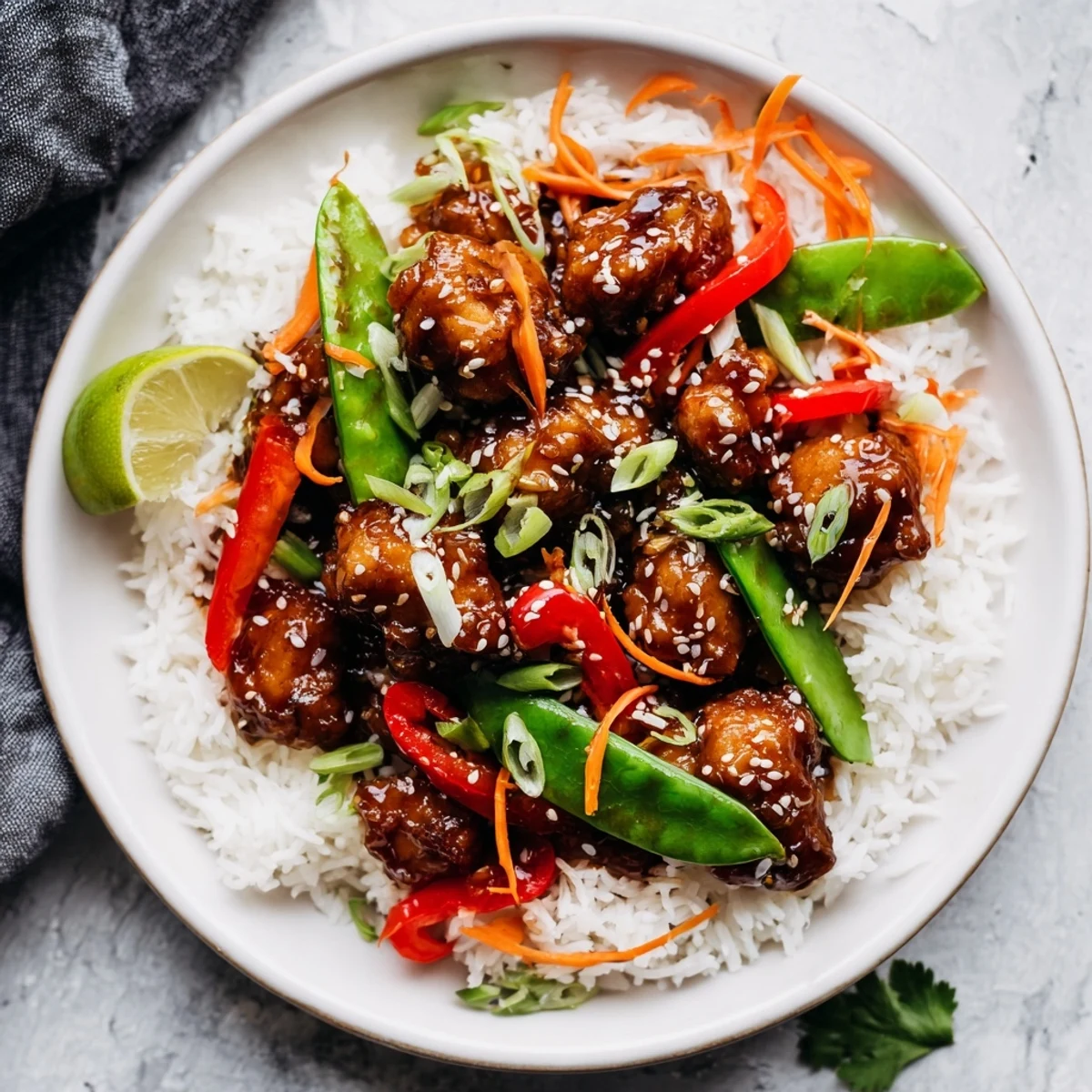 A close-up of a delicious Sesame Ginger Rice Bowl, garnished with fresh cilantro and toasted sesame seeds.