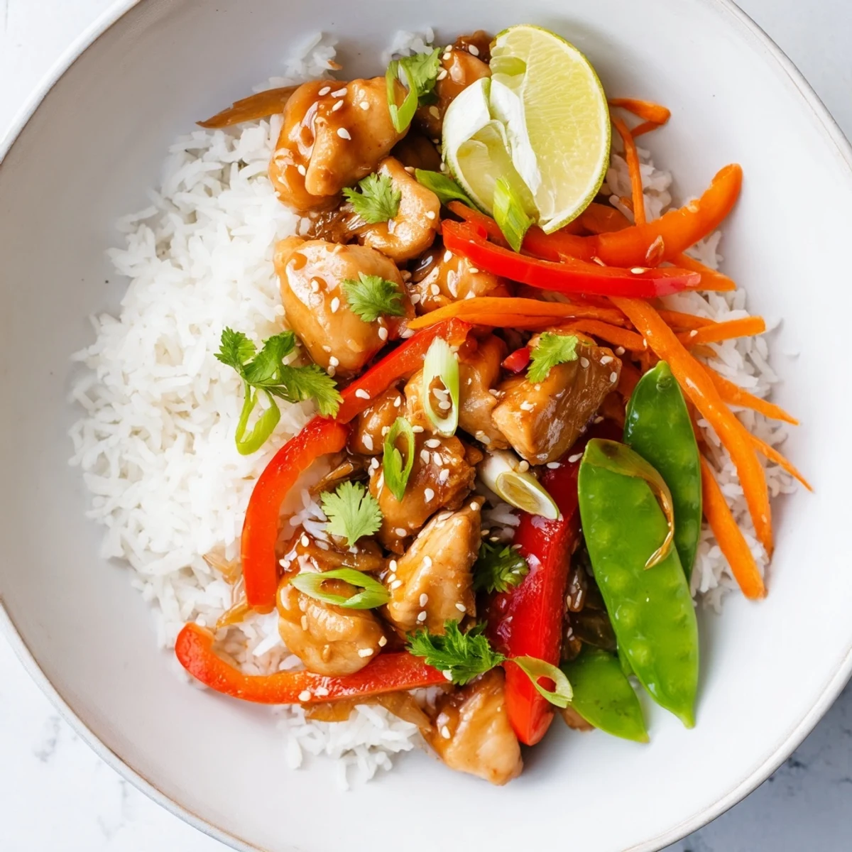 Steaming Sesame Ginger Rice Bowl with colorful veggies, tender chicken, and fragrant sauce.