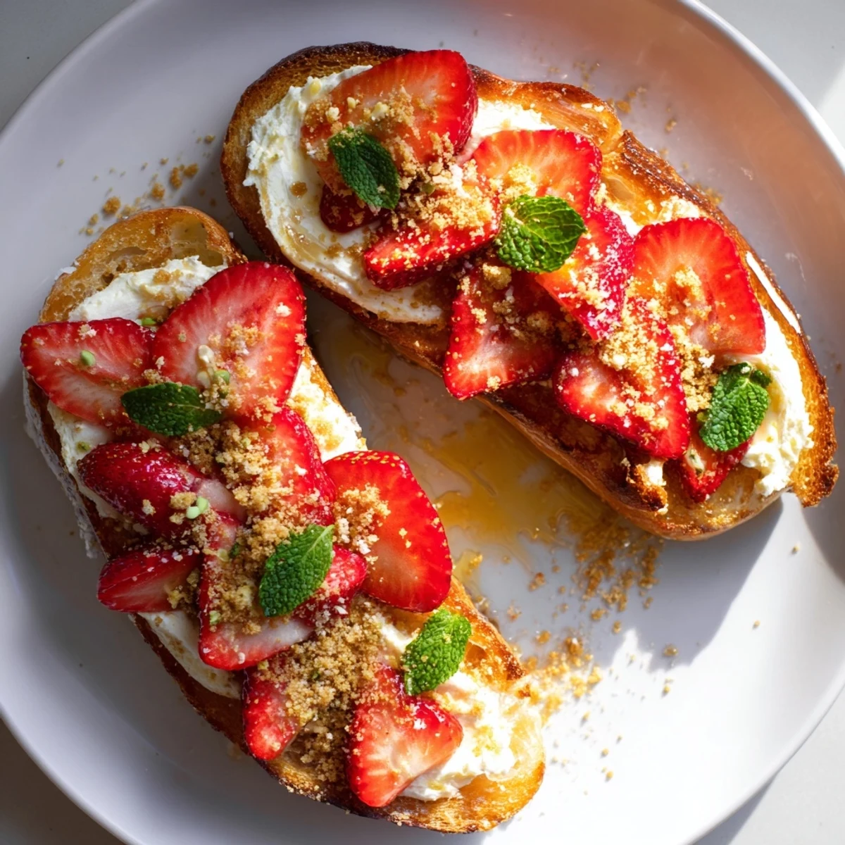 Golden slices of toast topped with creamy strawberry cheesecake; a sweet breakfast idea.