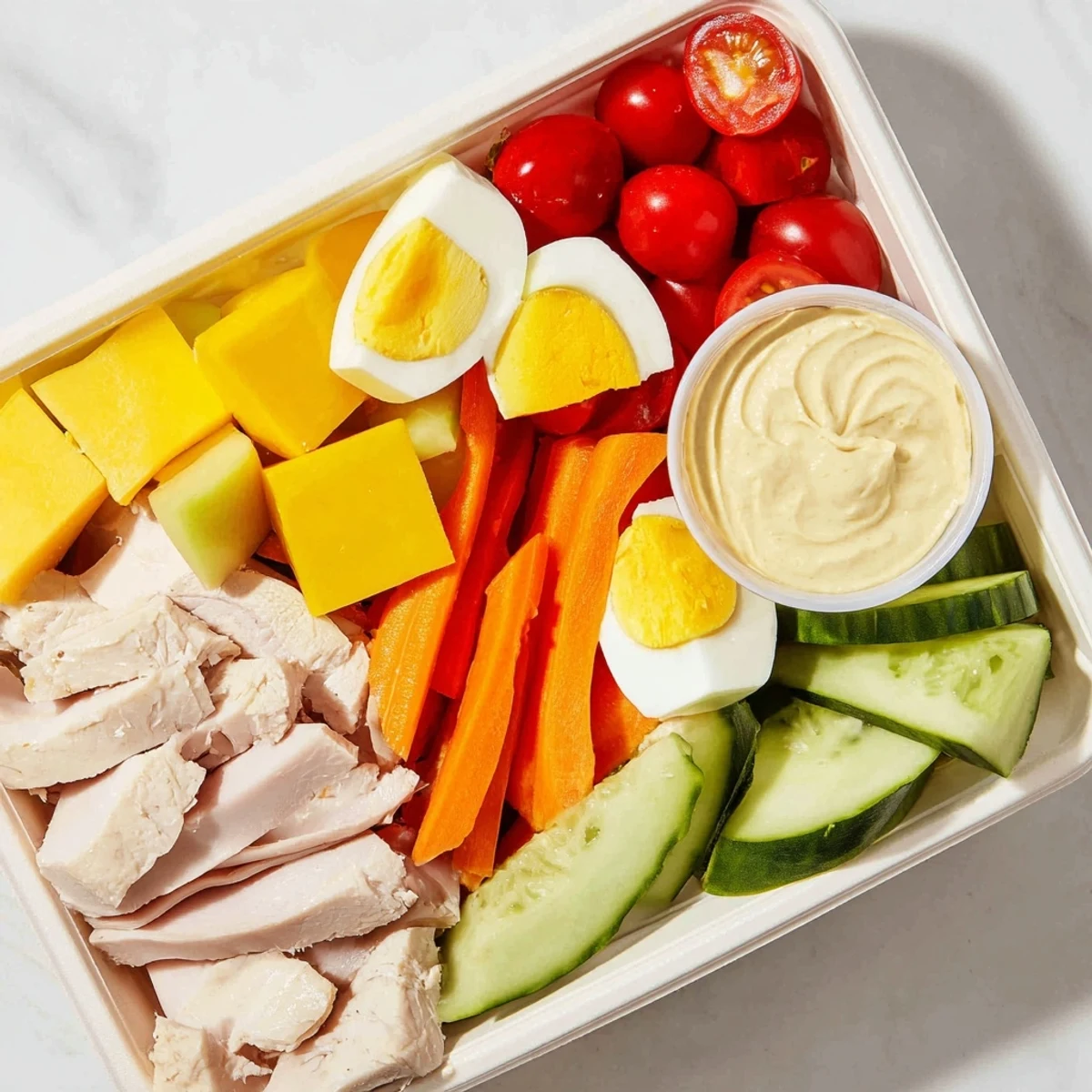 Delicious Protein Snack Boxes: A colorful array of meats, veggies, cheese, and hummus, perfect adult lunchable.