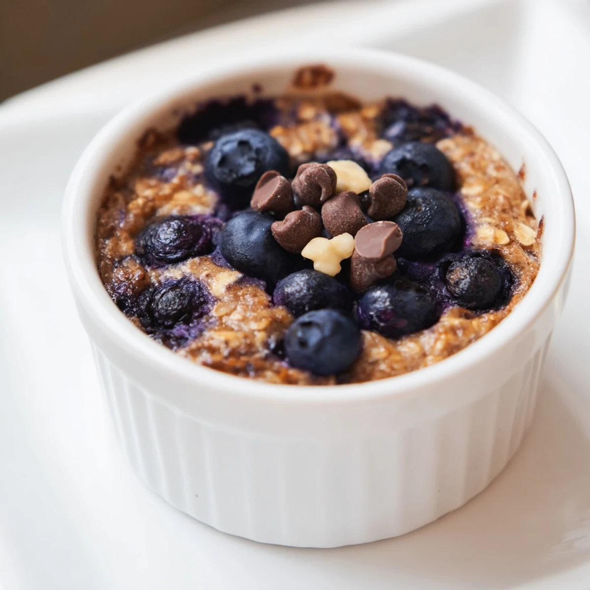 Close-up of a ramekin filled with fluffy Blueberry Baked Oats, garnished with fresh blueberries and nuts.