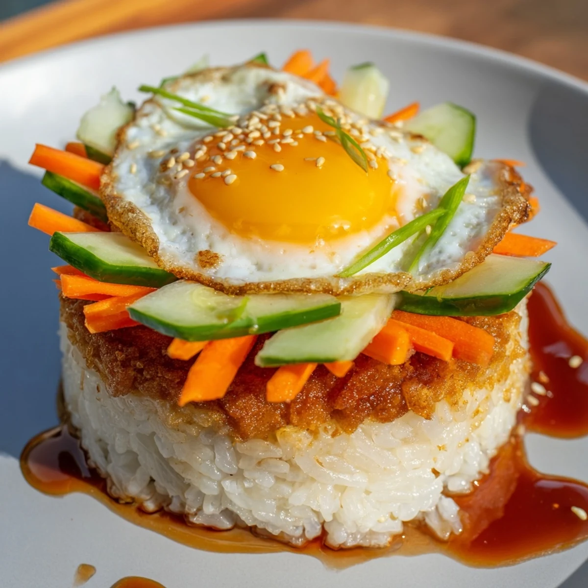 Golden, crispy egg rice bowl with a perfectly fried egg, vegetables, and savory sauce.