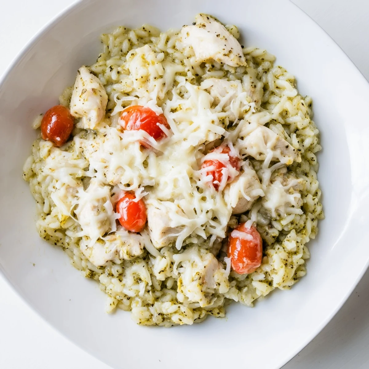 Creamy Chicken Pesto Rice Bake, golden bubbly cheese, is a comforting, one-pan family meal.