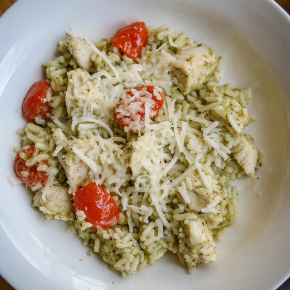 A close-up of steaming Chicken Pesto Rice Bake, showing tender chicken and juicy tomatoes over rice.