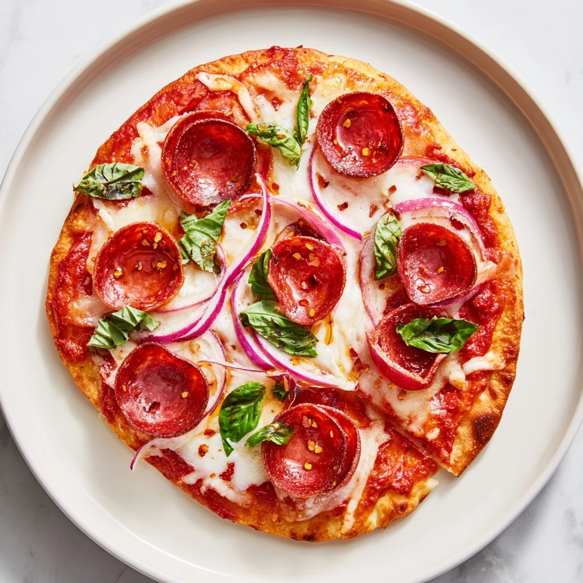 Golden baked Hot Honey Pepperoni Flatbread with melted cheese, spicy pepperoni, and drizzled honey.