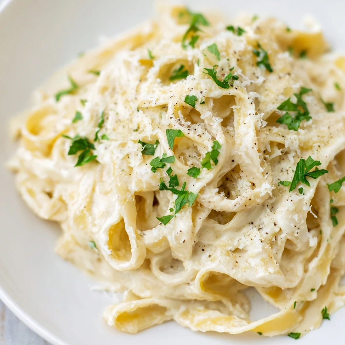 Creamy Pasta Alfredo Cottage Hack, swirled with parmesan and parsley, ready to enjoy.