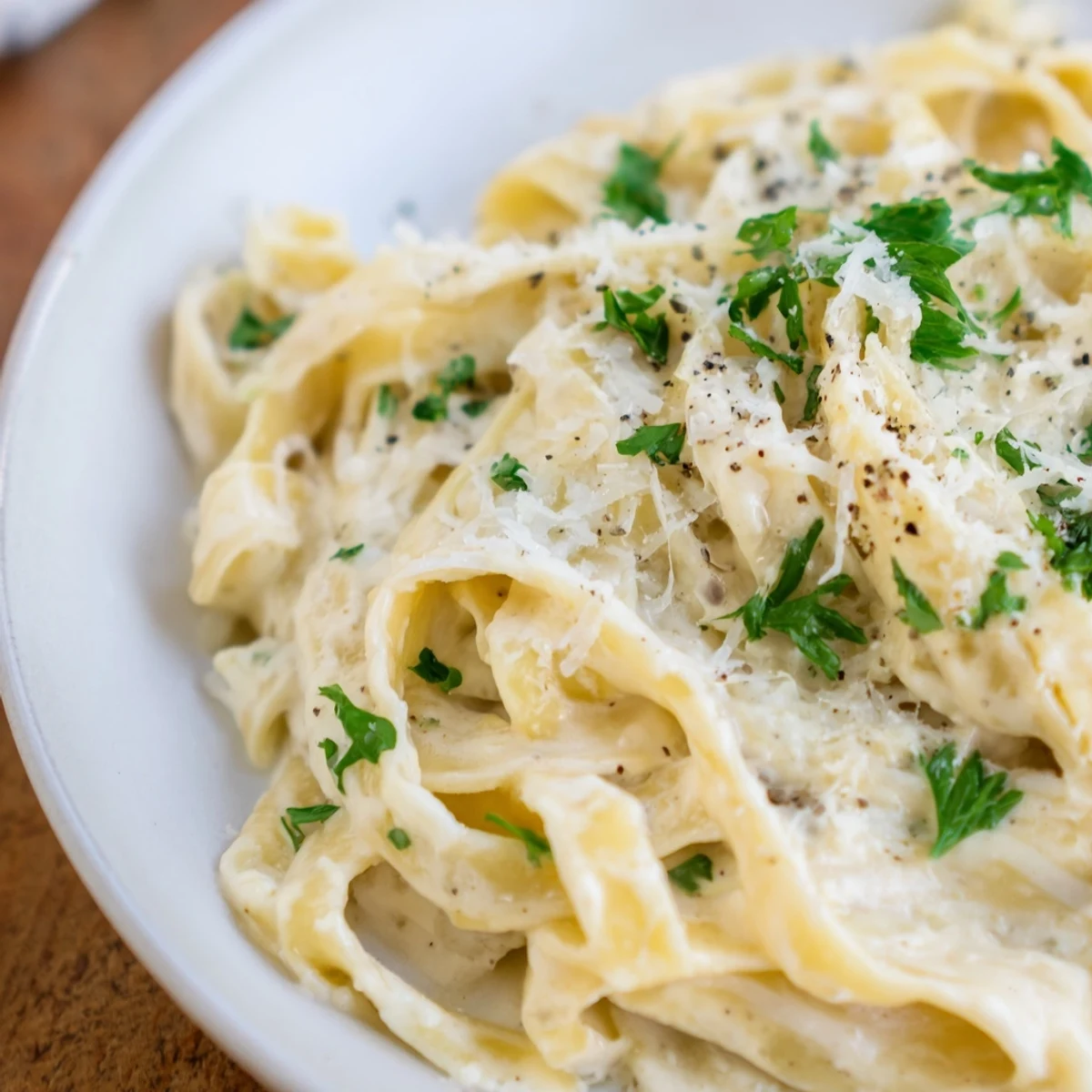 Silky, smooth Pasta Alfredo Cottage Hack with fresh parsley garnish, a delightful dinner idea.