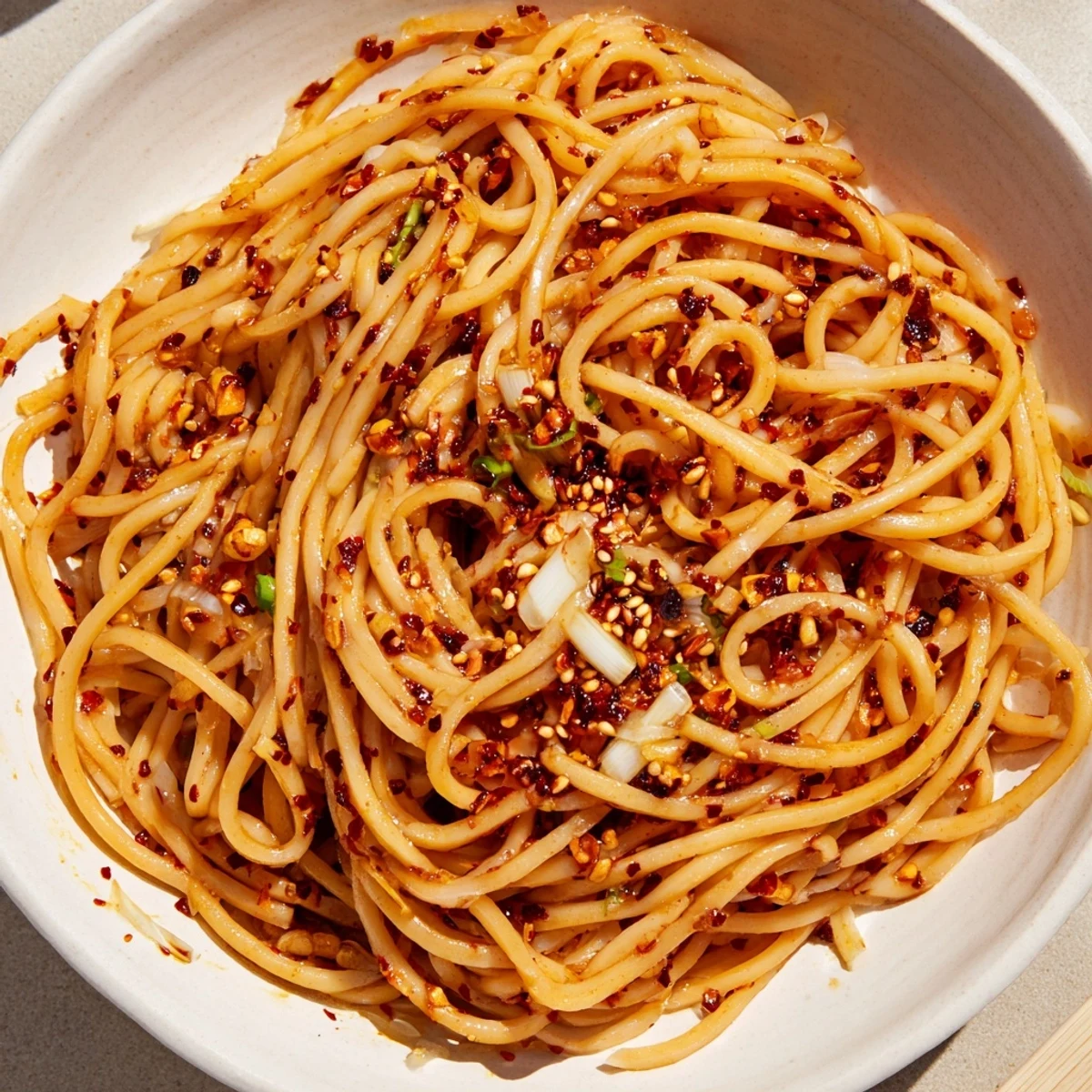 Steaming bowl of Garlic Chili Oil Noodles, exhibiting perfectly coated noodles, ready to be served.