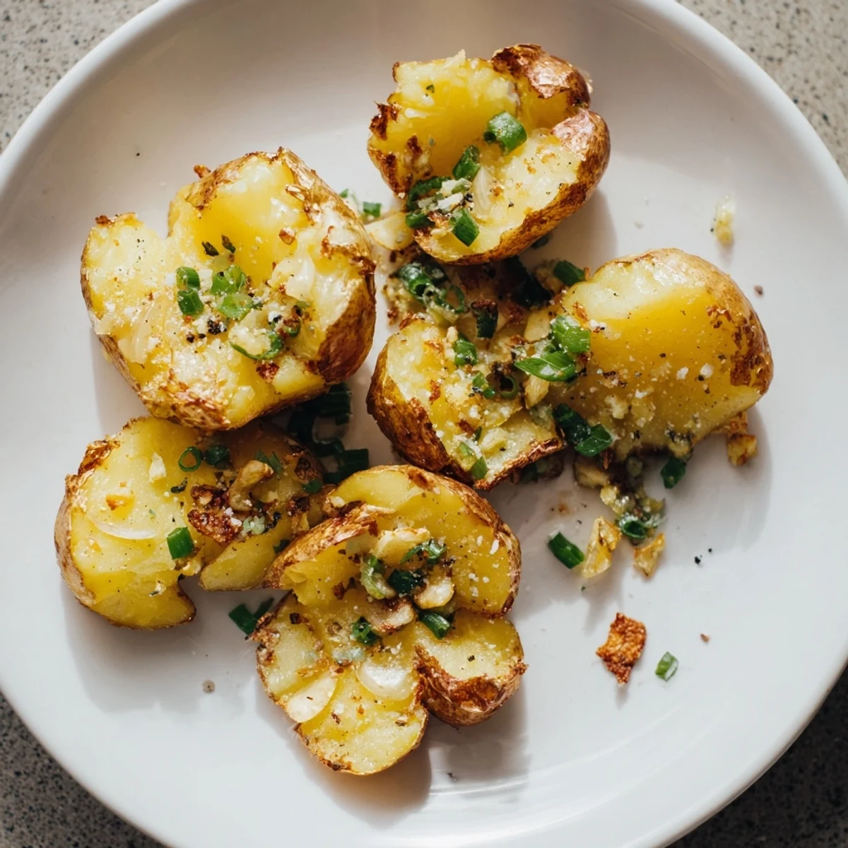 Golden brown Smashed Green Onion Potato Bombs, crispy delights topped with scallion oil, ready to serve.