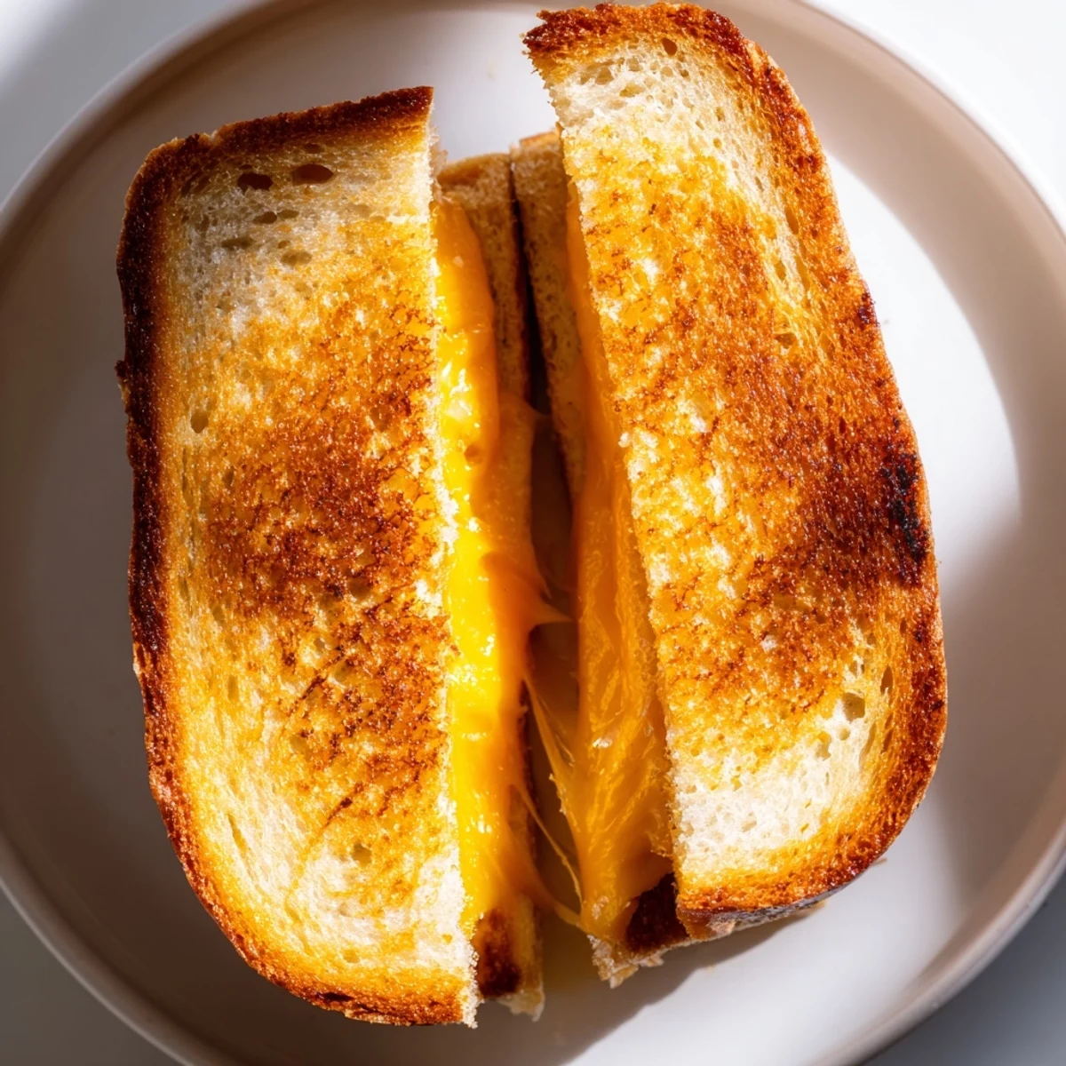 A close-up of a perfectly toasted Mayo Grilled Cheese, oozing with melted cheddar cheese.