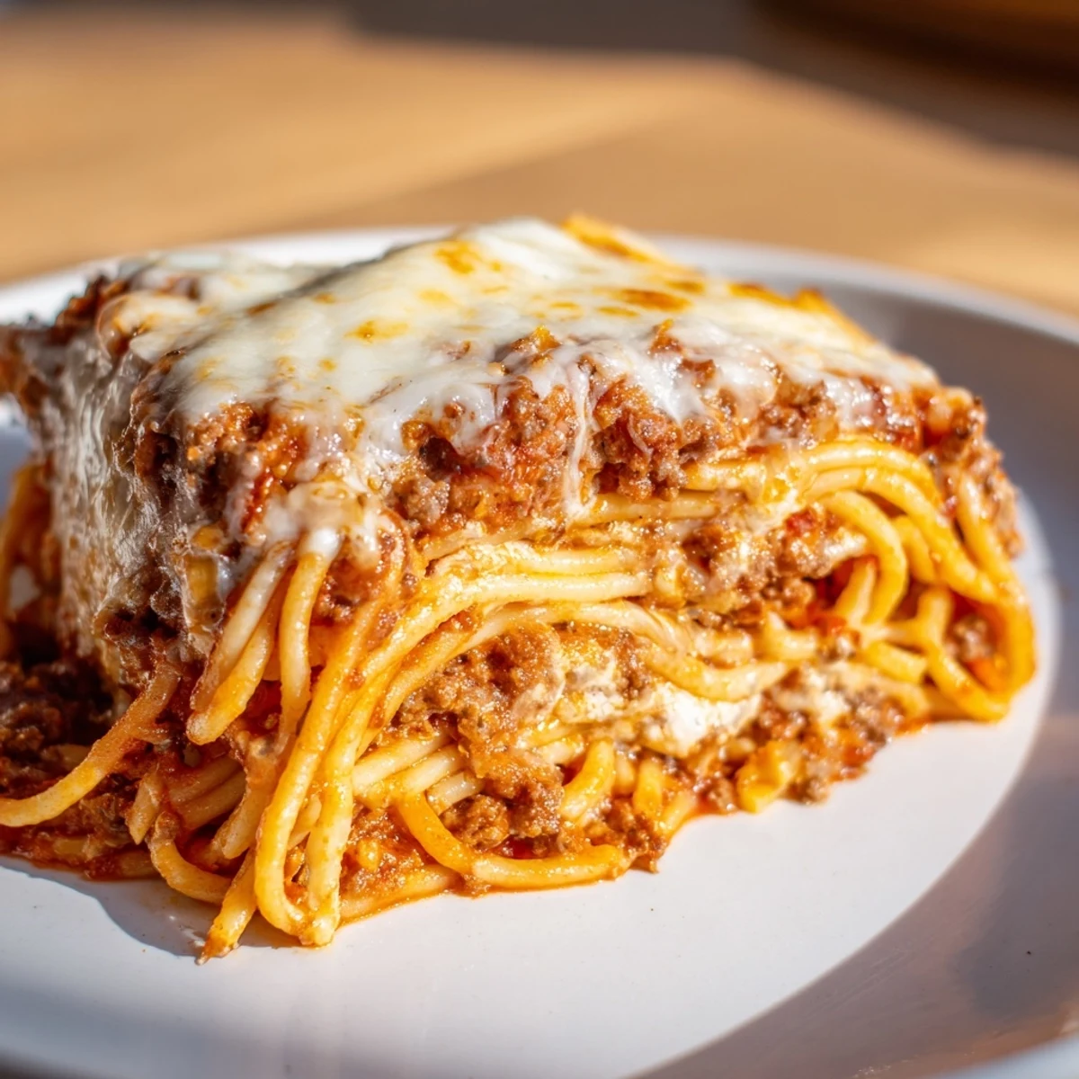 Golden-brown, bubbly Million Dollar Spaghetti, a rich baked pasta dish with layers of cheesy goodness.