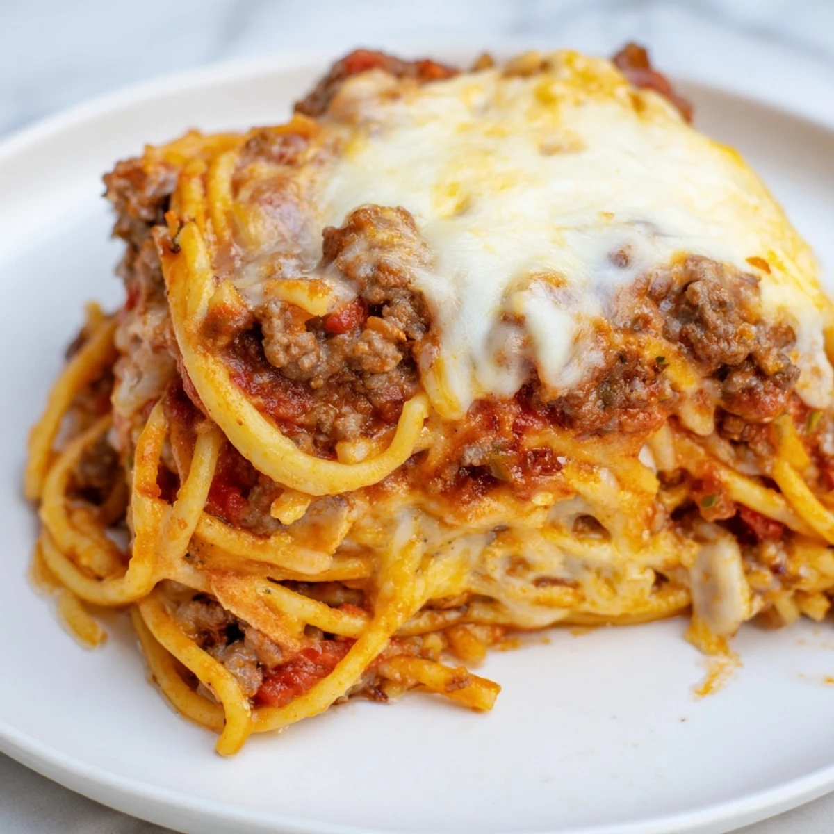 A close-up of a steaming, family-sized portion of Million Dollar Spaghetti, showcasing the layers.