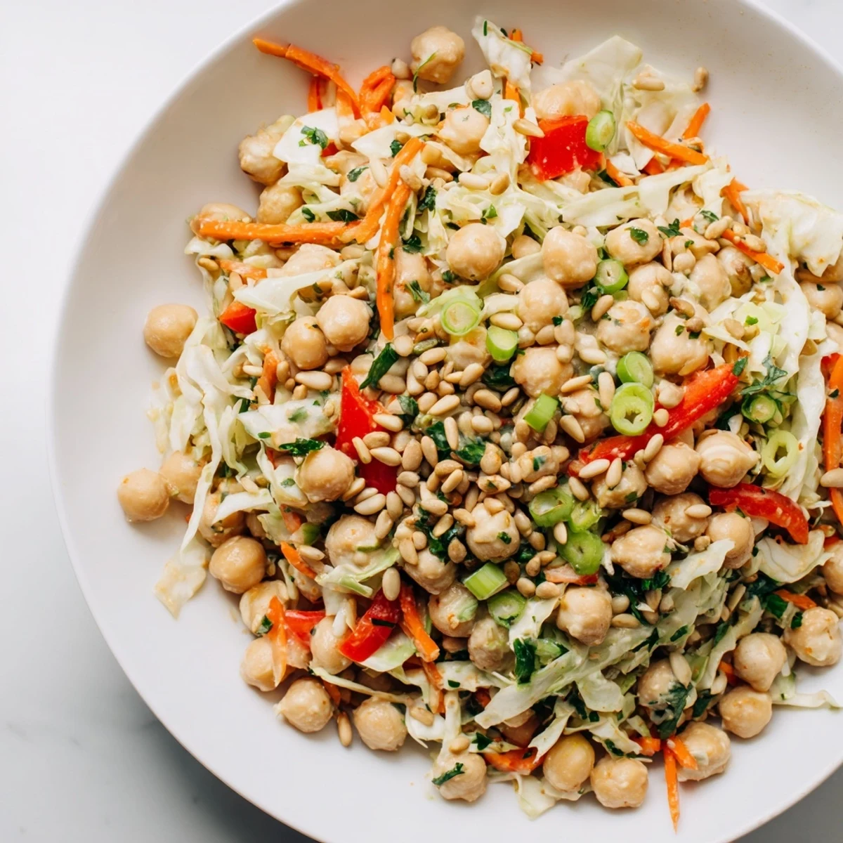Creamy Fiber-Forward Chickpea Salad showcasing vibrant chickpeas, crunchy vegetables, and tahini dressing.