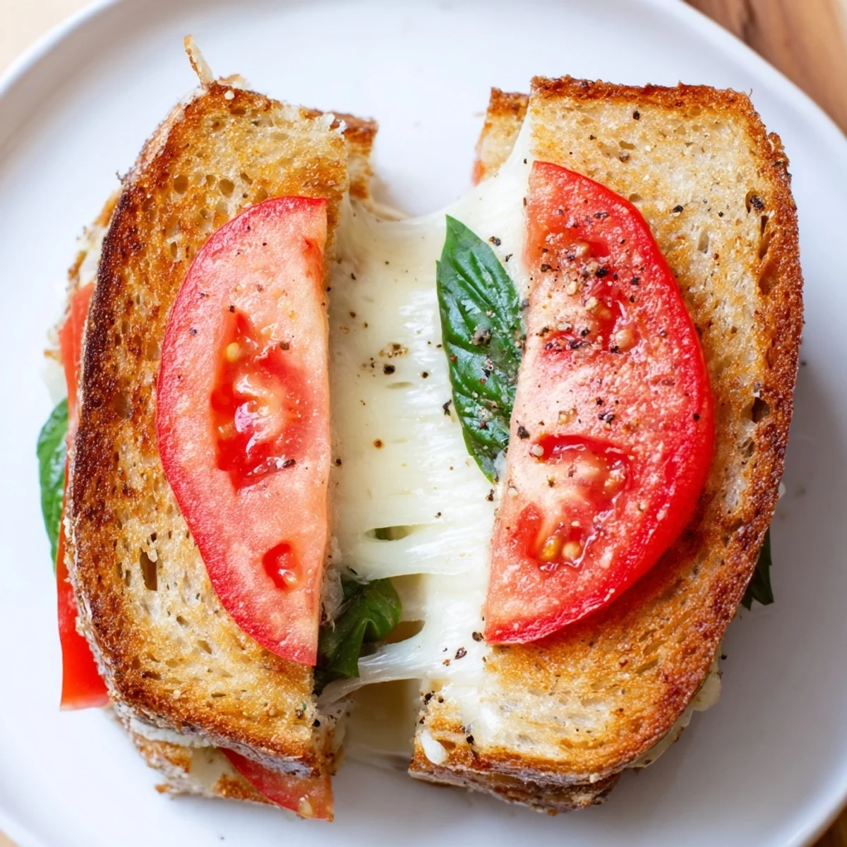Golden-brown tomato basil grilled cheese, oozing mozzarella with fresh basil, ready to serve warm.