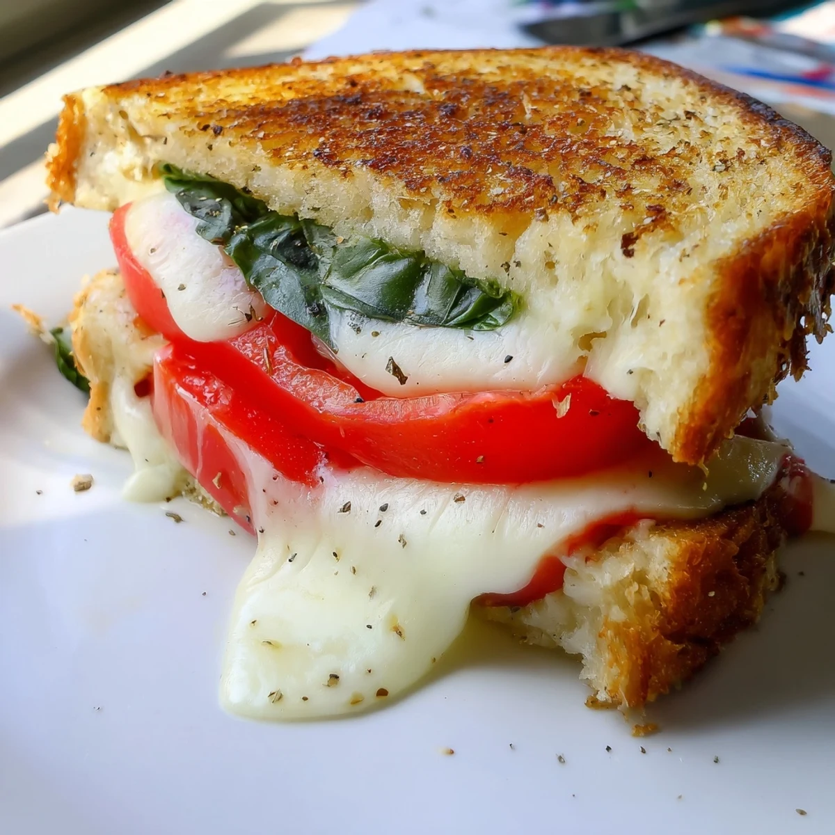 Close-up of a delicious tomato basil grilled cheese, layered with basil and perfectly melted cheese.