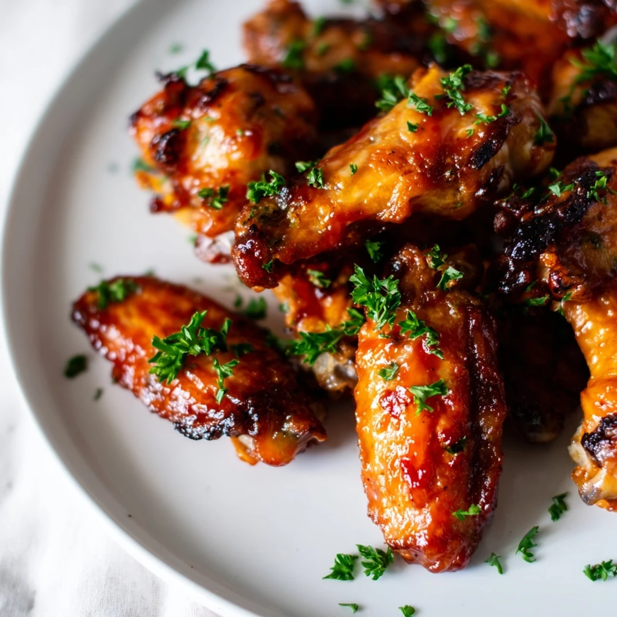 Oven-baked Sticky Honey BBQ Wings glistening with a sweet, smoky glaze, ready to serve with celery sticks.