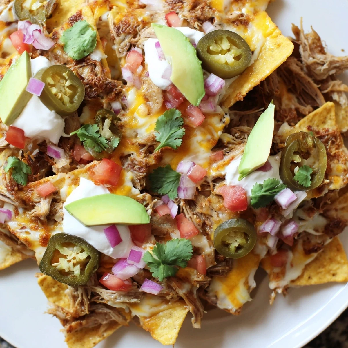 Warm, cheesy loaded nachos featuring tender pulled pork, perfect for a Tex-Mex feast.