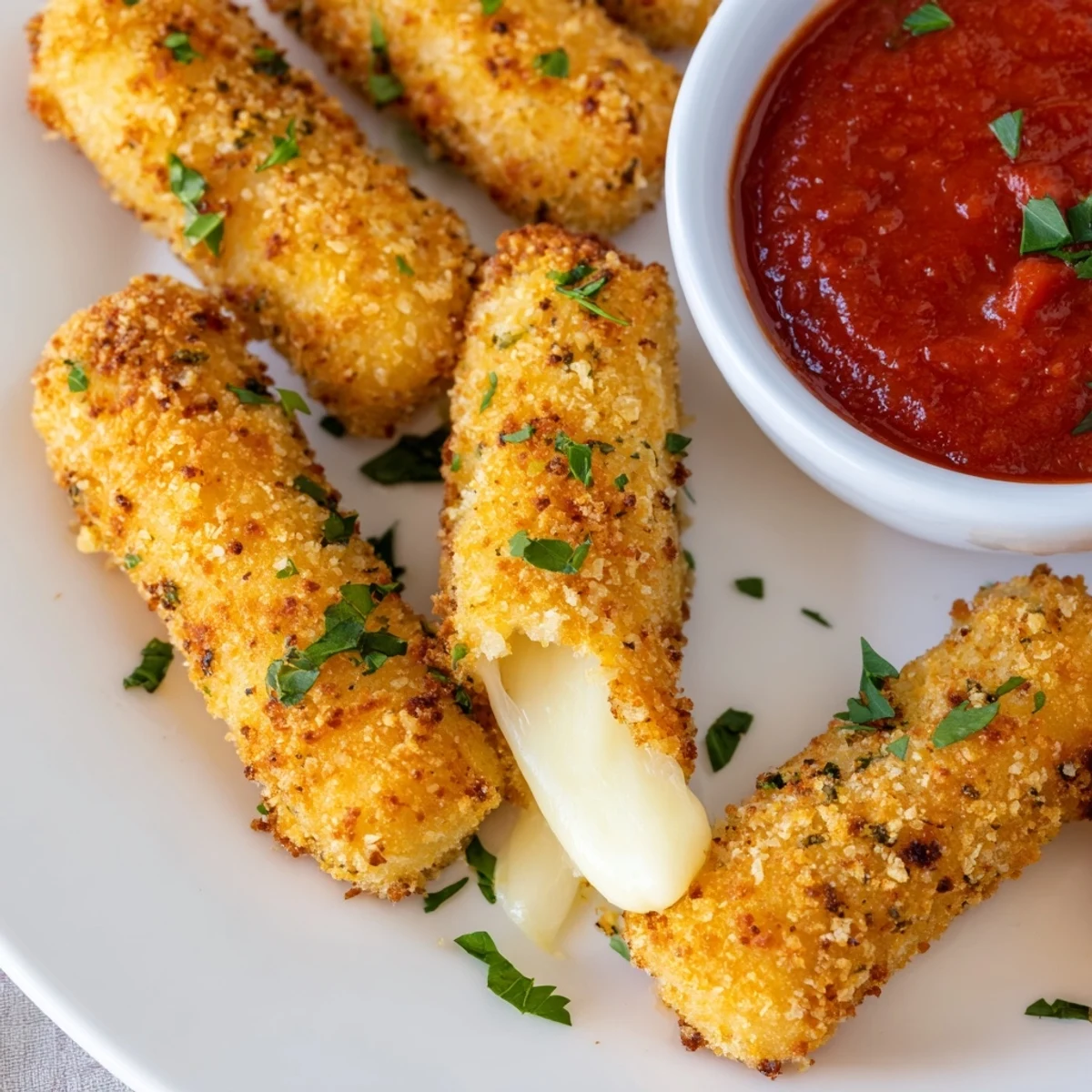 Golden-brown air fryer mozzarella sticks, perfect for dipping in warm marinara sauce.
