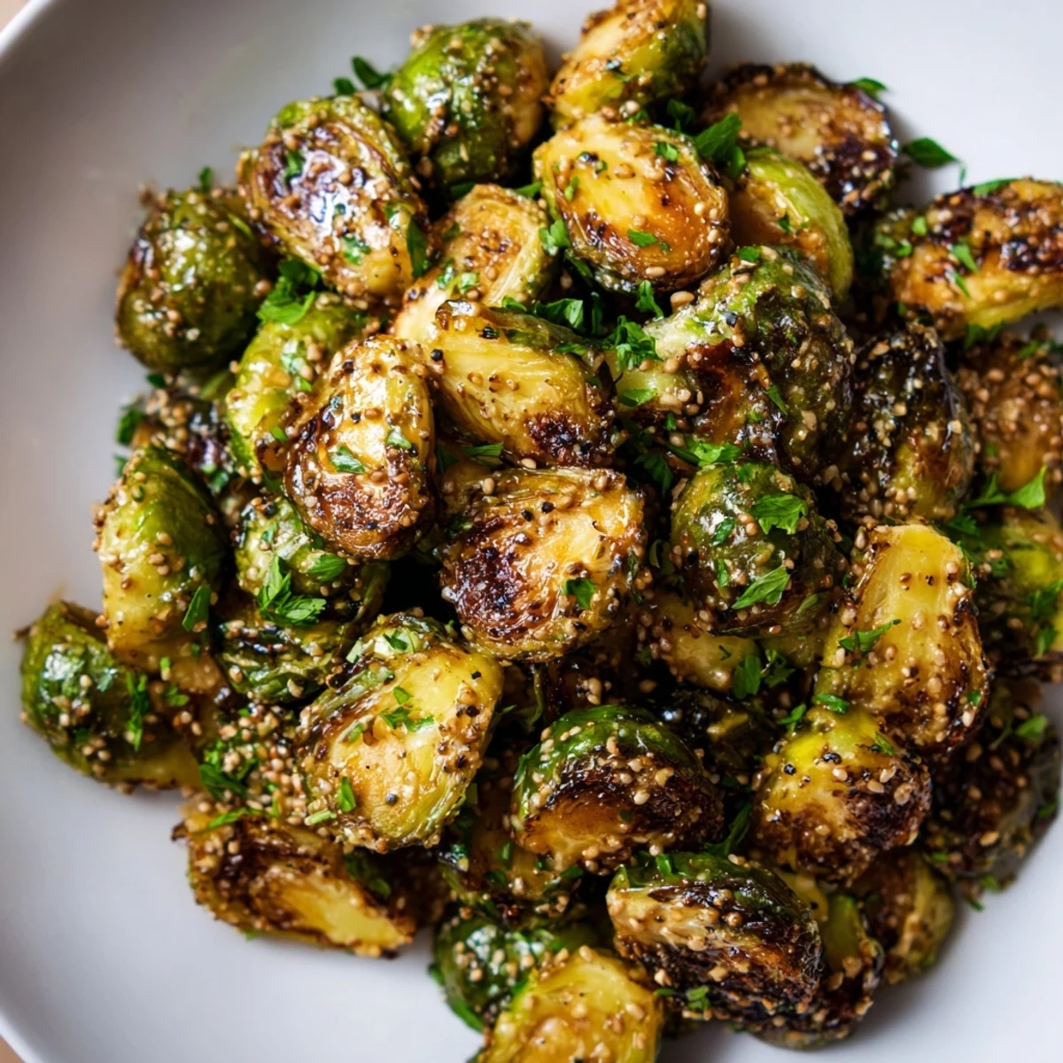 Golden-brown Honey Mustard Glazed Brussels Sprouts glistening, offering a sweet and savory sensation as a side.