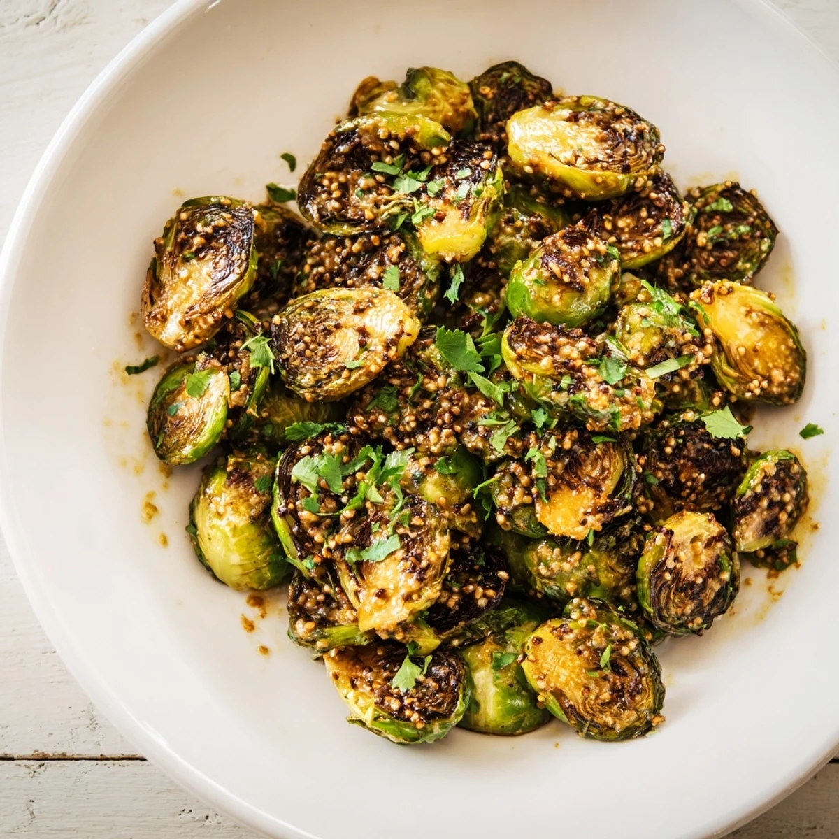 Roasted Honey Mustard Glazed Brussels Sprouts, a vibrant, vegetarian dish perfect for a flavorful weeknight meal.