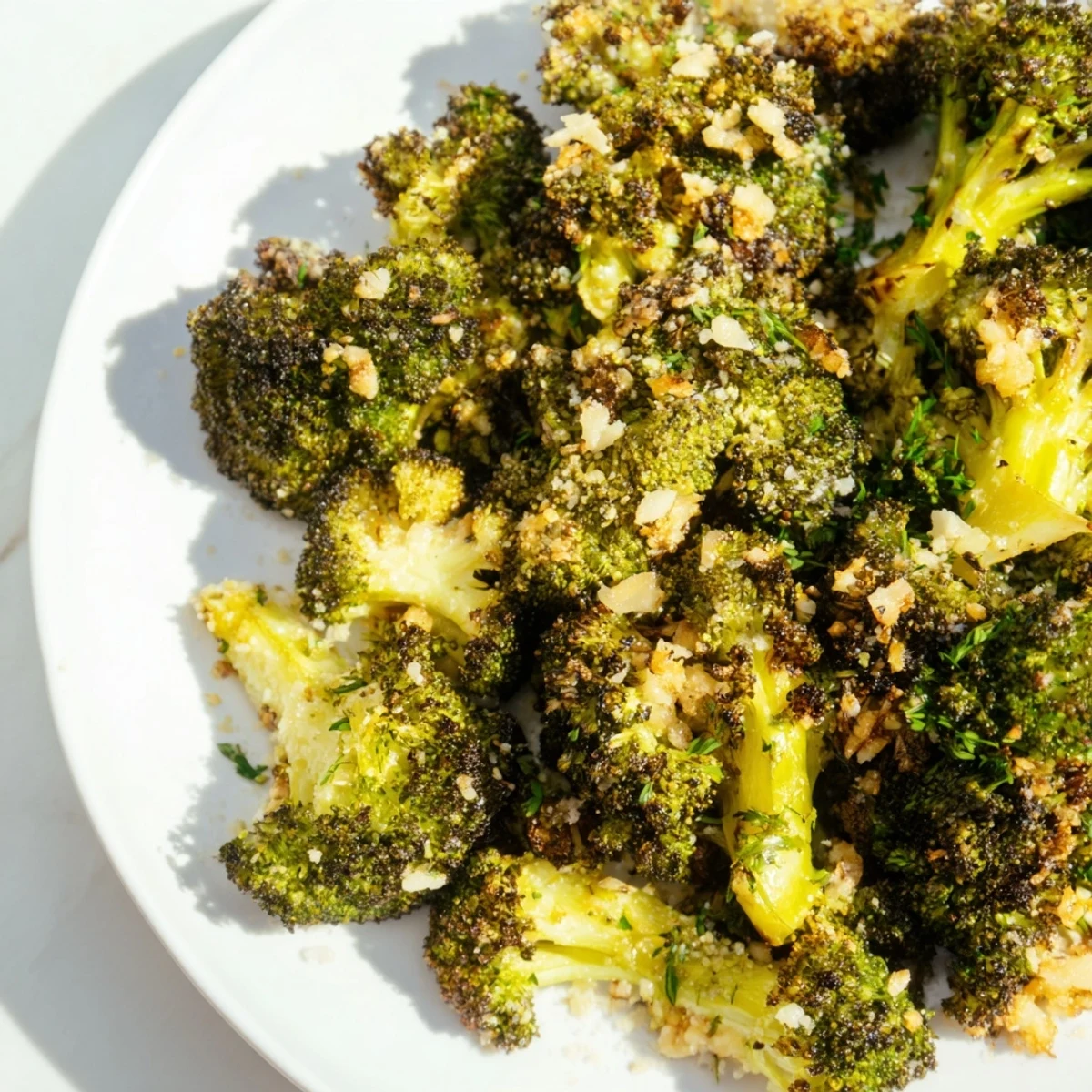 Golden-brown Garlic Parmesan Roasted Broccoli, perfectly crispy and ready to serve with extra Parmesan.