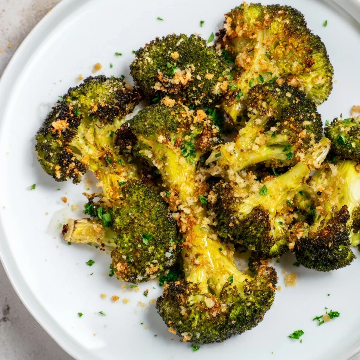 Vibrant image of Garlic Parmesan Roasted Broccoli, a delicious vegetarian side, roasting to perfection.