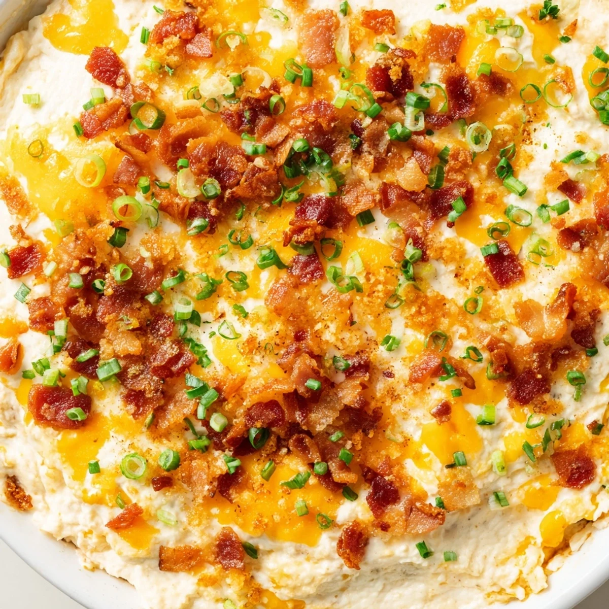 Golden, bubbly Cheesy Bacon Ranch Dip, topped with crispy bacon and green onions, served with tortilla chips.