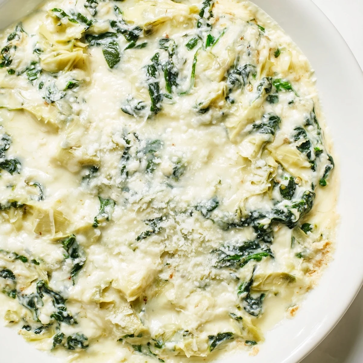 Spinach artichoke dip, a bubbly, cheese-topped appetizer ready for serving with crackers.
