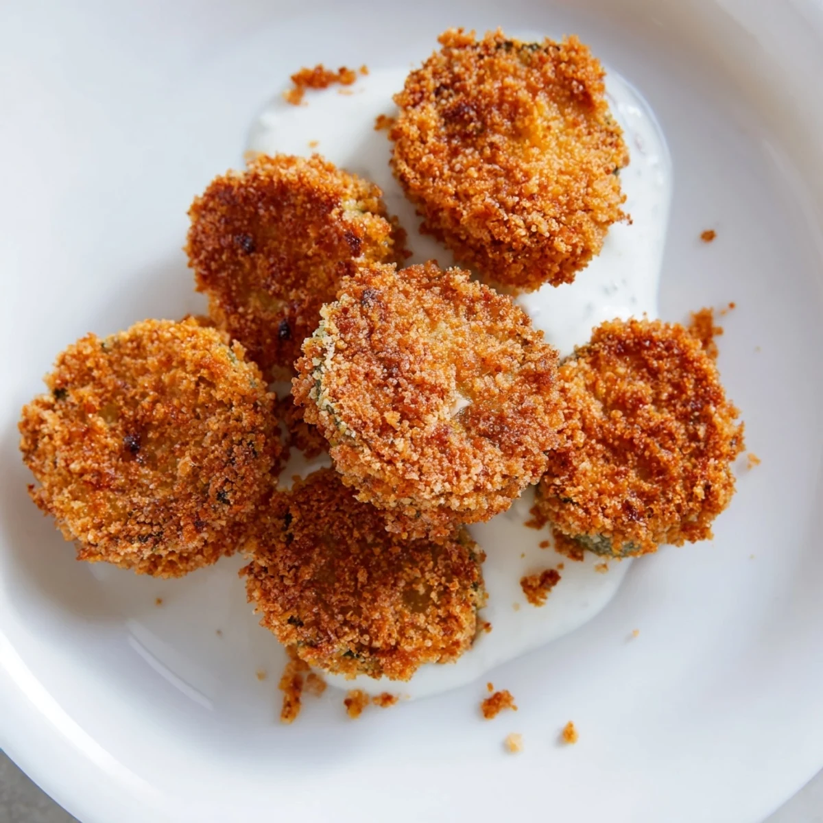 Golden, crunchy Crispy Fried Pickles with a wonderfully textured, seasoned breading alongside ranch.