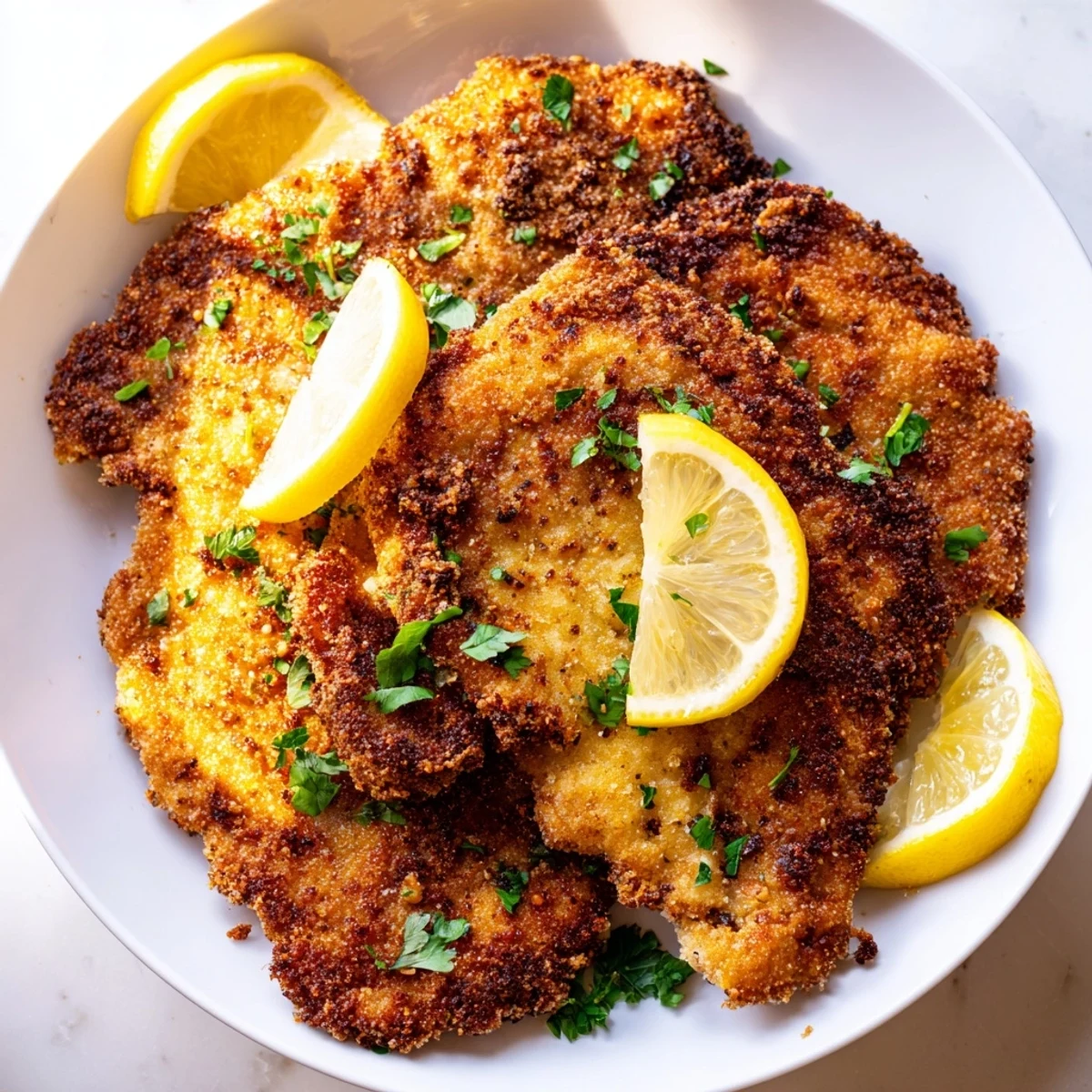 A delicious close-up of the famous Wiener Schnitzel, ready to be enjoyed, served with a fresh parsley garnish.