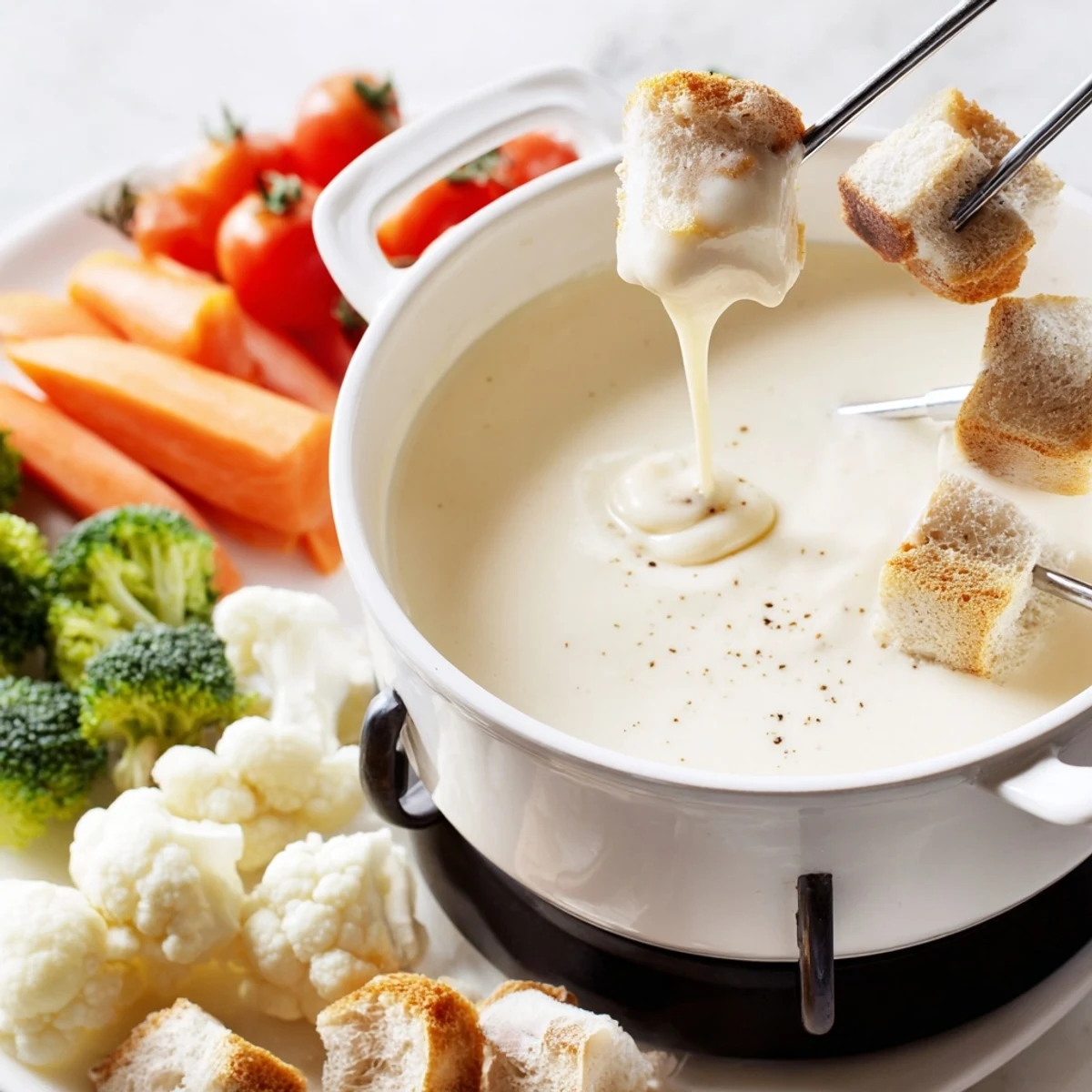 A bubbling pot of Swiss cheese fondue with bread and vegetable dippers, ready to enjoy.