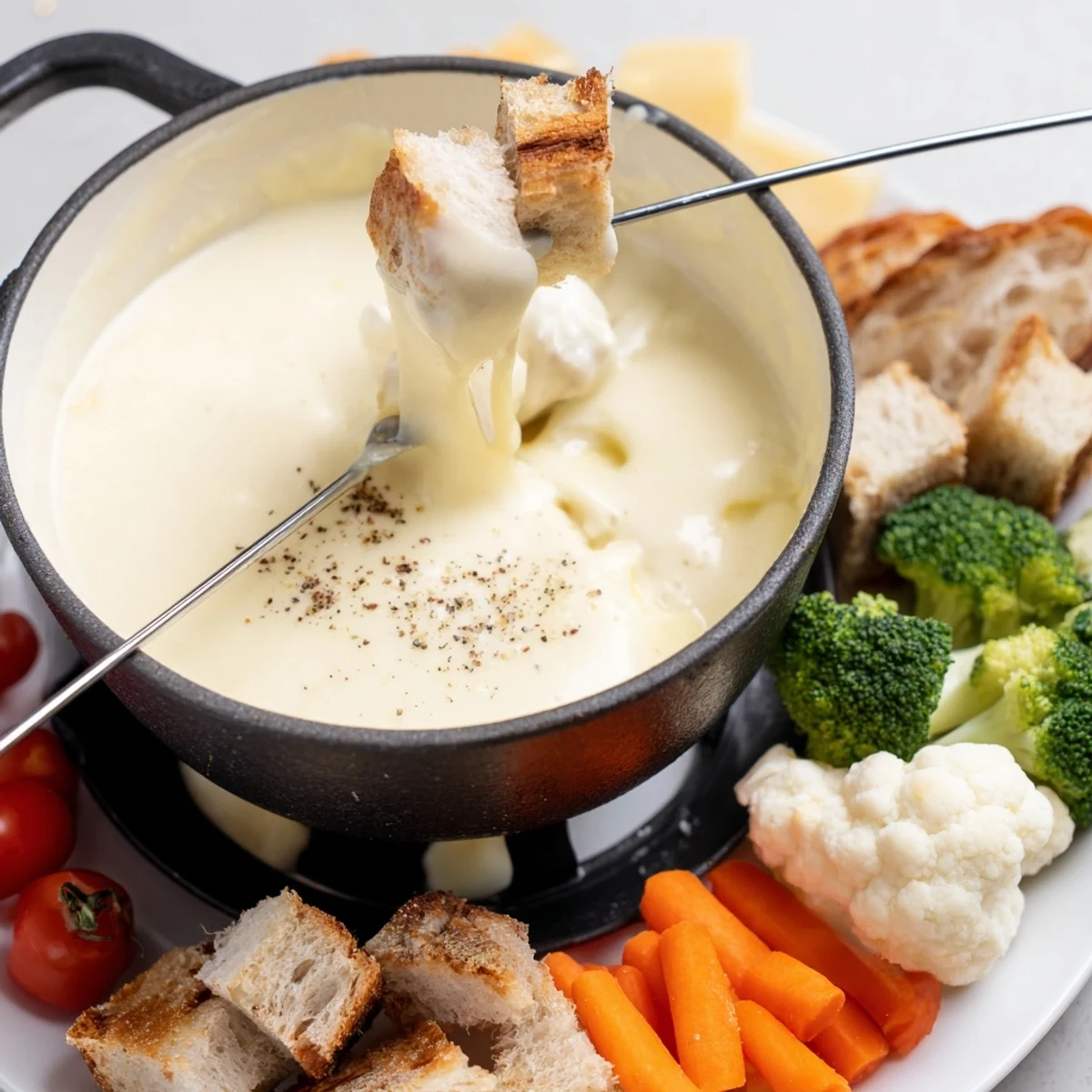 Melted Swiss cheese fondue, served with fresh vegetables; a delicious Swiss tradition.