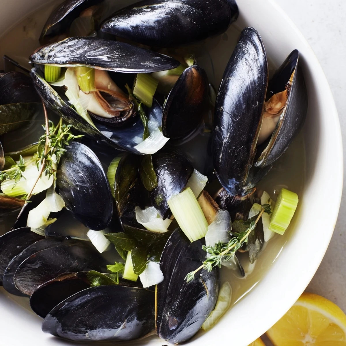 Steaming Belgian Moules Marinière with fresh herbs and wine, ready to be served with crusty bread.