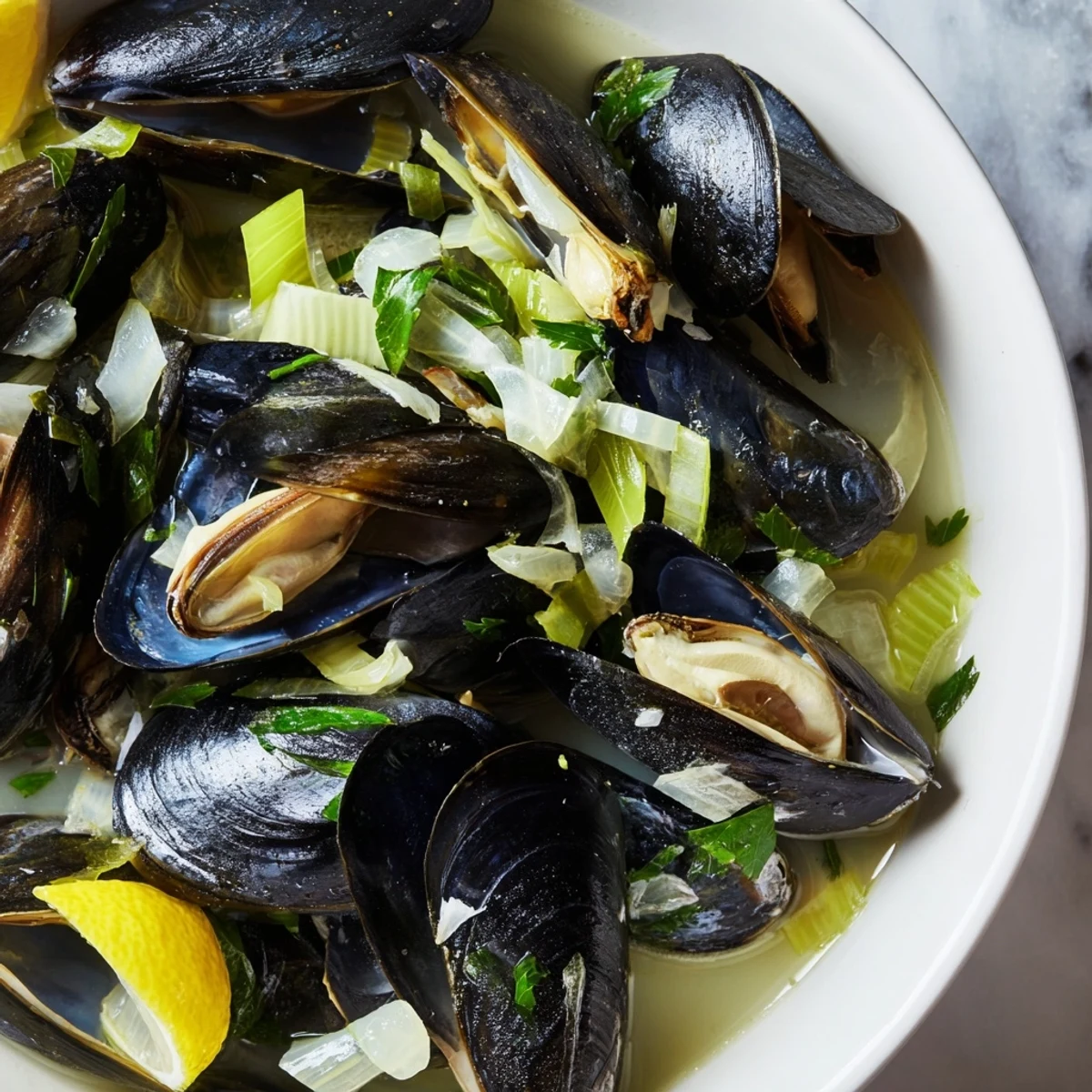 Savor the aroma of a classic Belgian Moules Marinière, a perfect dish of mussels in fragrant wine broth.