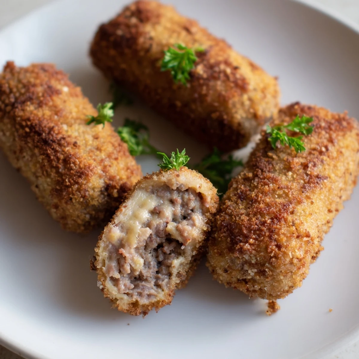 Golden-brown Dutch croquettes, crispy breadcrumb exterior, revealing a warm, savory beef ragout filling.