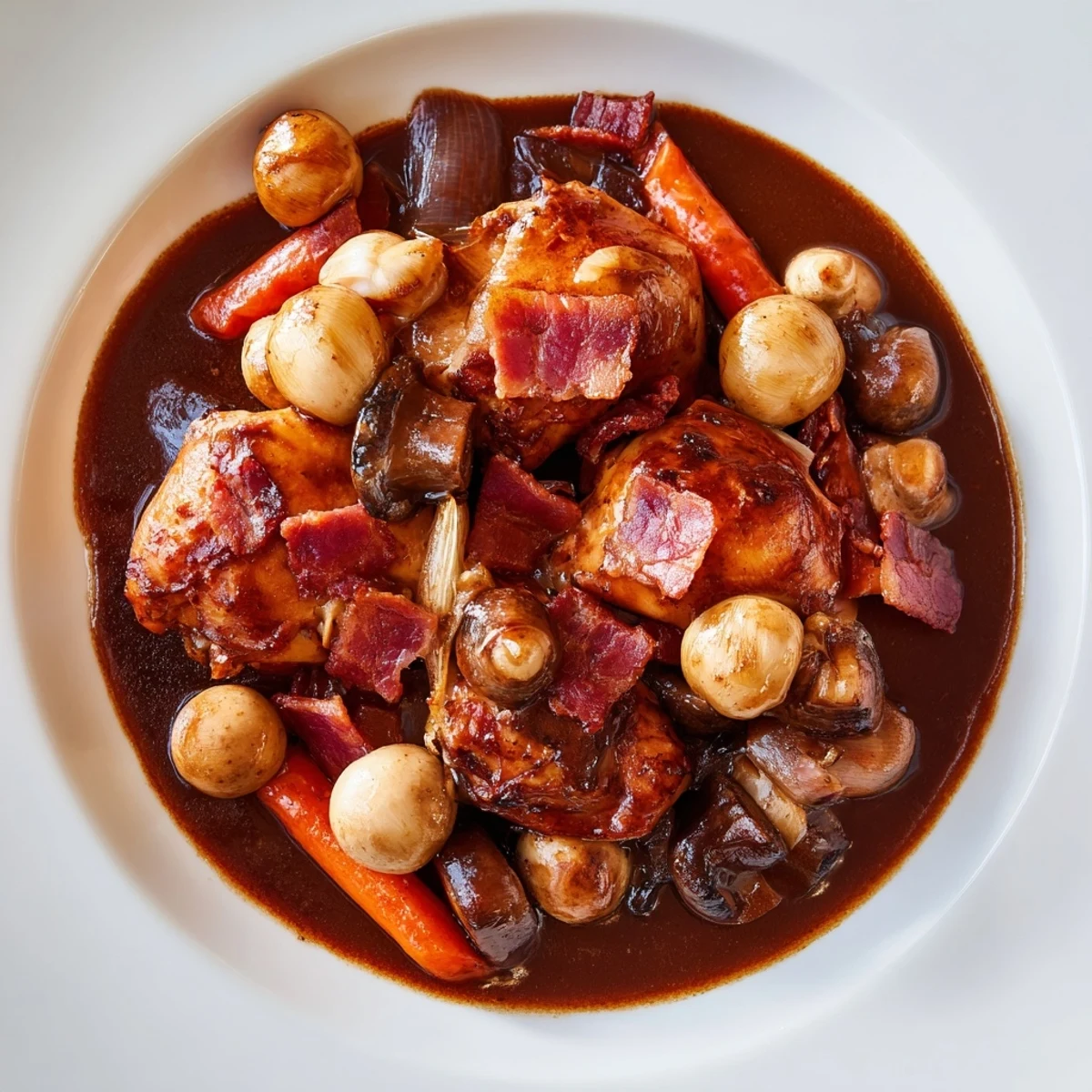A steaming bowl of Coq au Vin, a rich chicken stew with bacon and tender vegetables.