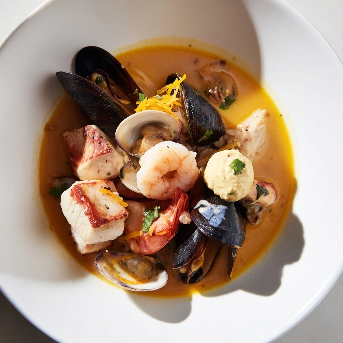 Fragrant bouillabaisse, a Provençal fish stew with mussels and saffron-infused broth, ready to serve.