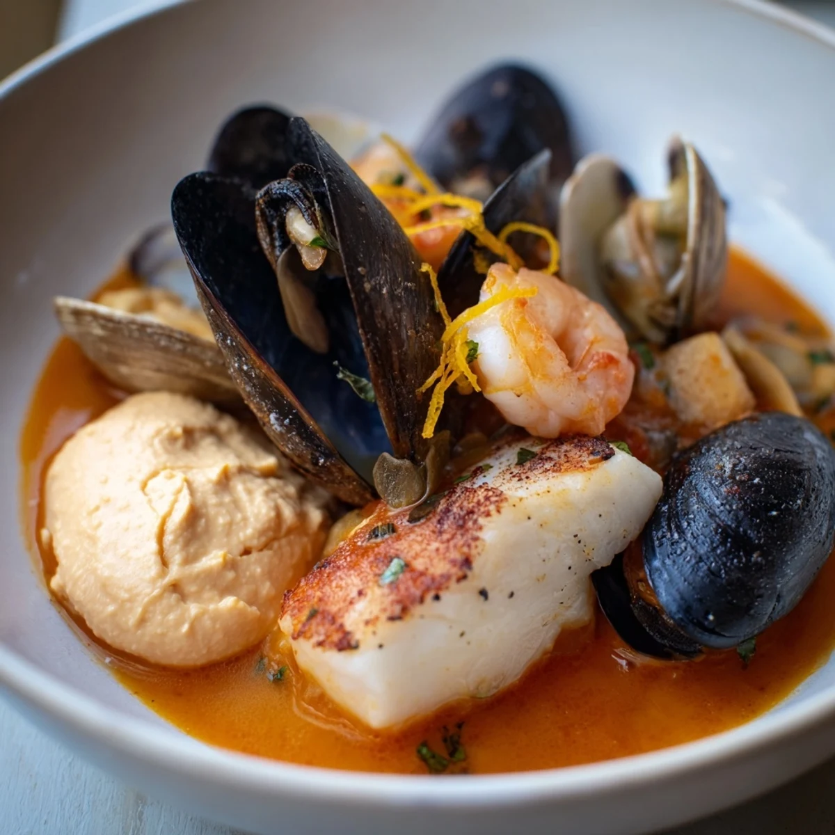 A steaming bowl of bouillabaisse, piled high with fresh seafood and a side of garlicky rouille.