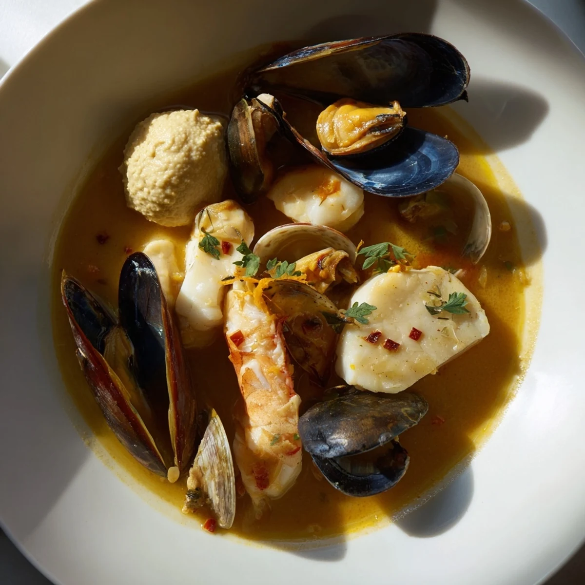 Close-up of a rustic bouillabaisse, showcasing tender fish and shellfish with a rich, flavorful broth.