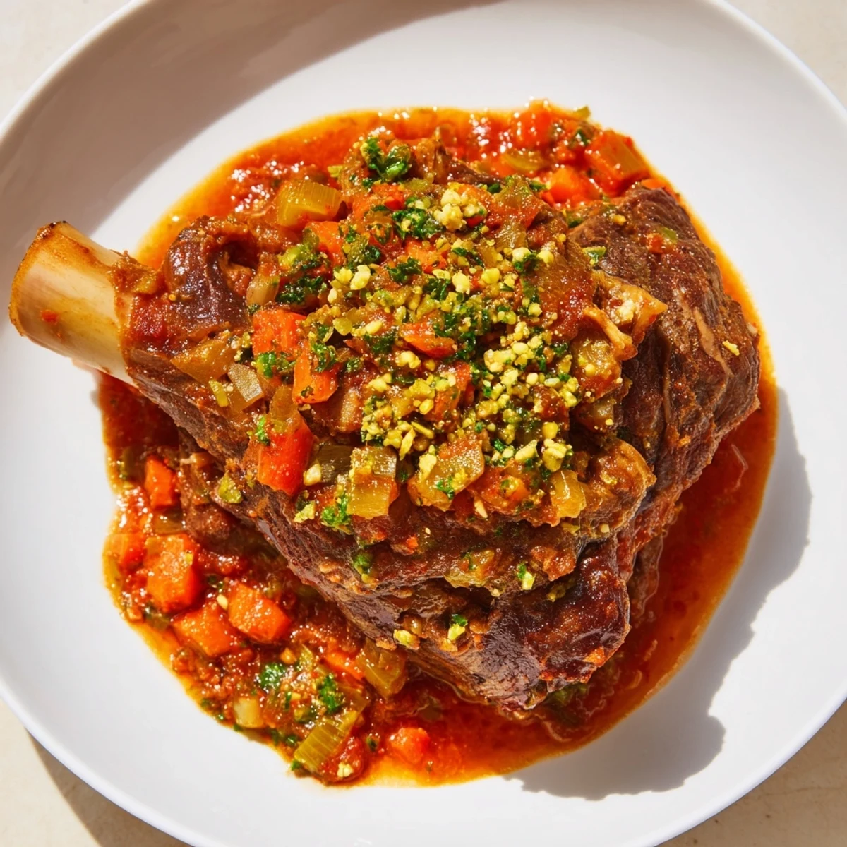Golden-brown, fall-off-the-bone Osso Buco served with a vibrant gremolata, perfect for a cozy dinner.