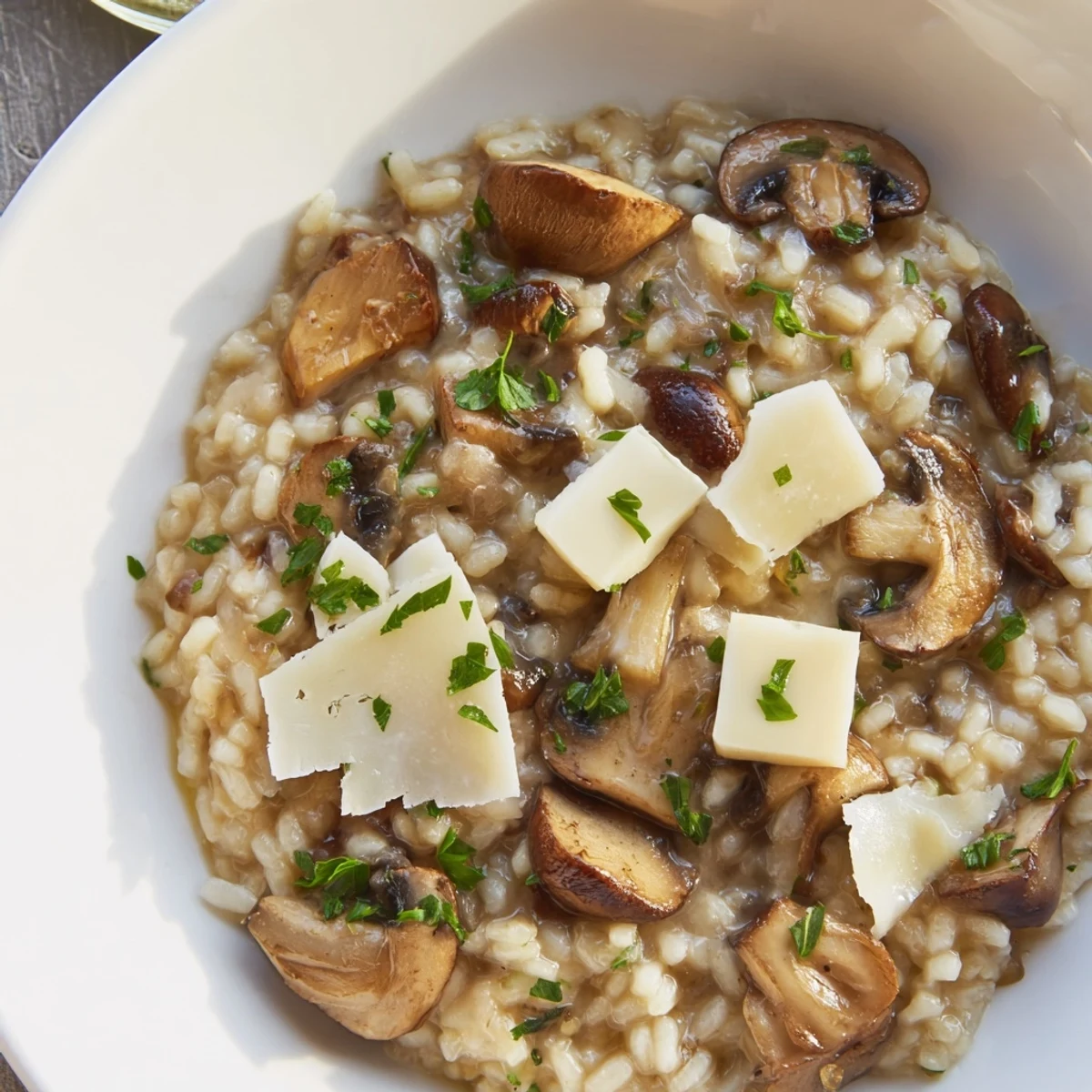Creamy Italian mushroom risotto with Arborio rice, mushrooms, and Parmesan cheese, ready to serve.