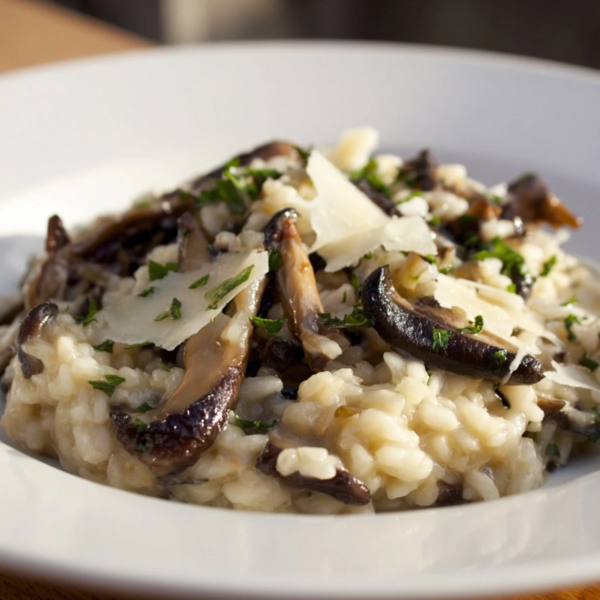 A close-up view of steaming Italian mushroom risotto, showcasing the creamy, rich texture.