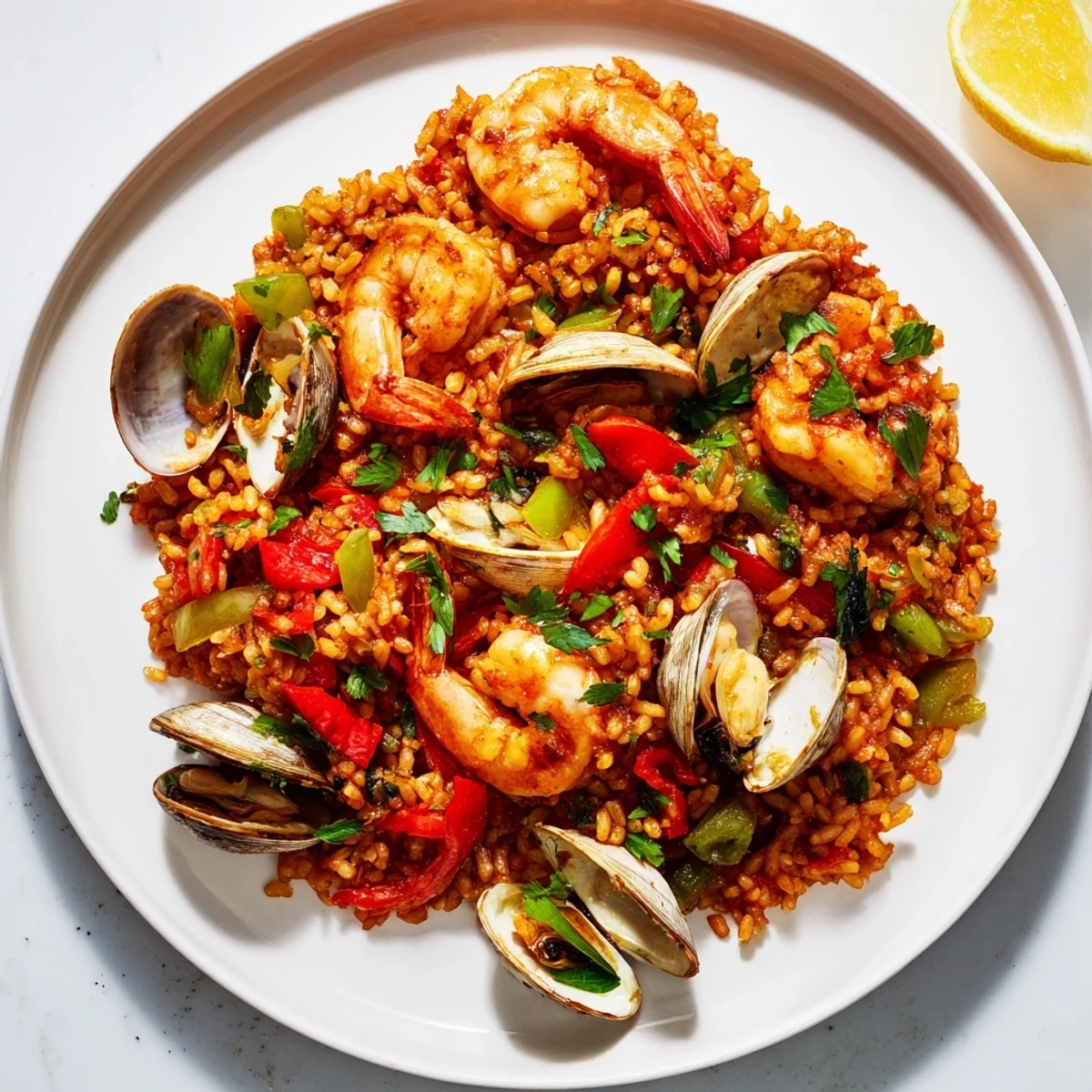 Sizzling Spanish Seafood Paella with colorful bell peppers, rice, juicy shrimp, and plump mussels on display.