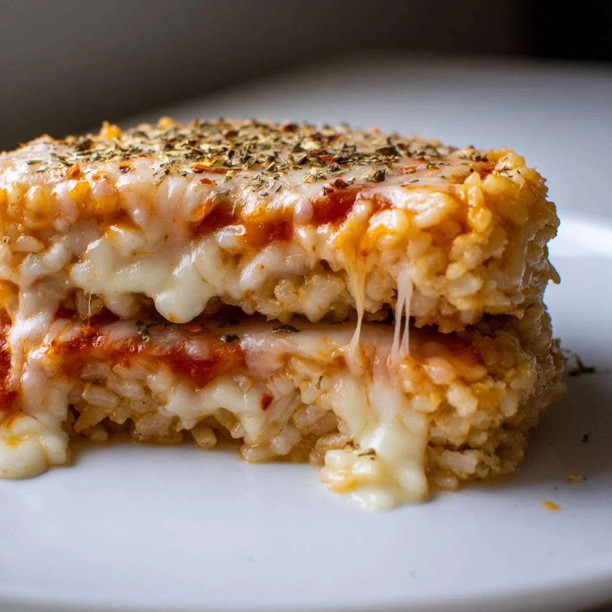 Golden Crispy Rice Cake Cheese Stacks, crispy and cheesy, paired with marinara for dipping on a plate.