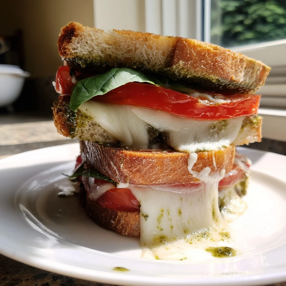 Golden-brown panini press innovations with melted mozzarella, fresh tomato slices, and basil leaves on toasted sourdough bread.