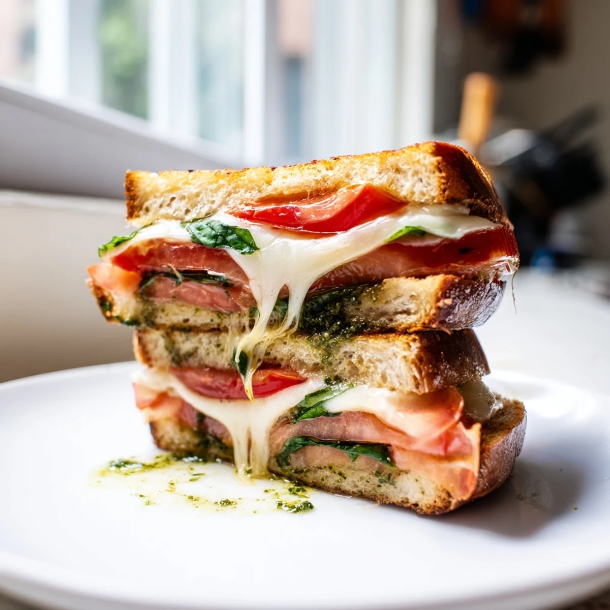 Golden-brown panini press innovations with melted mozzarella, fresh tomato slices, and basil leaves on toasted sourdough bread.