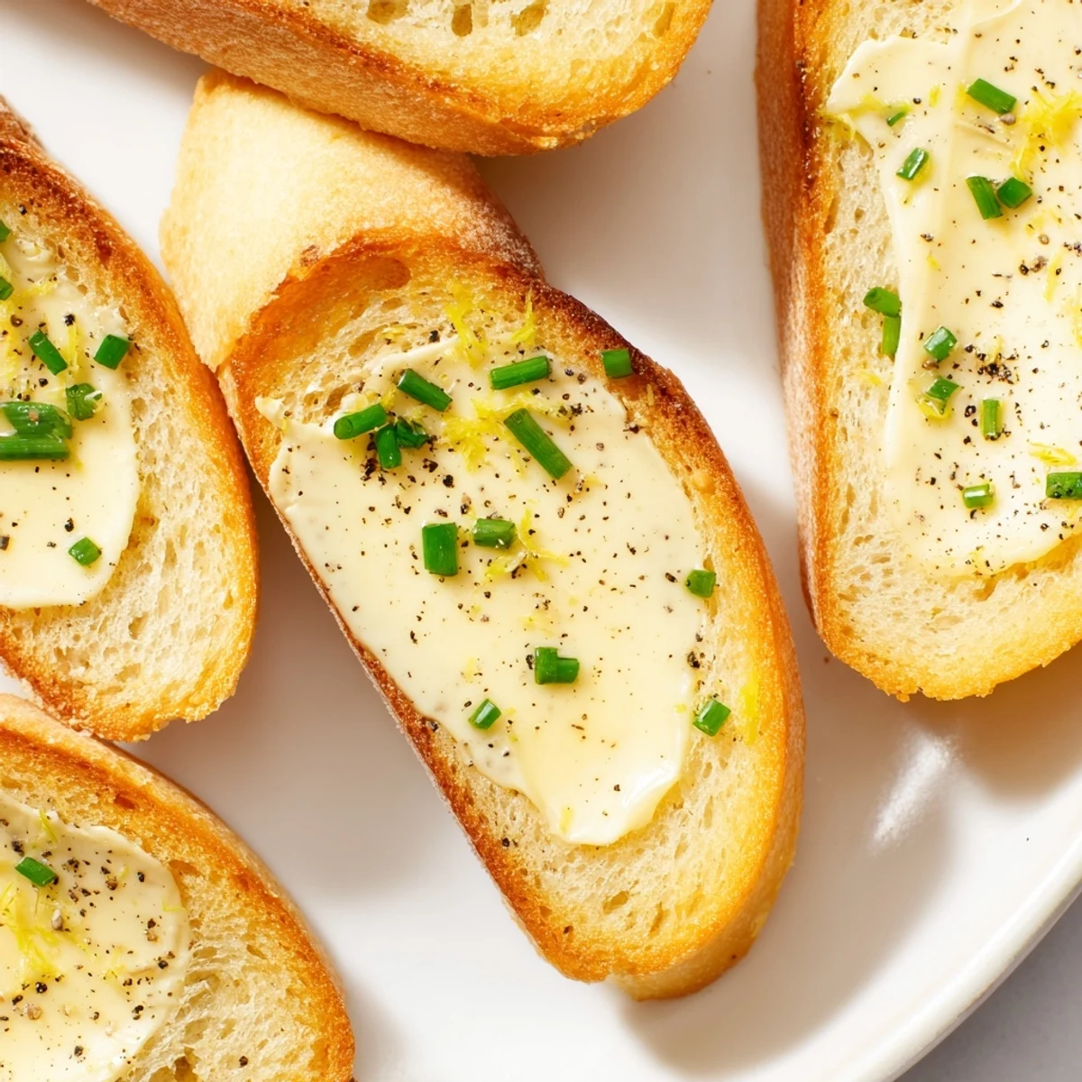 Crisp golden crostini topped with creamy vodka butter, lemon zest, and fresh chives.