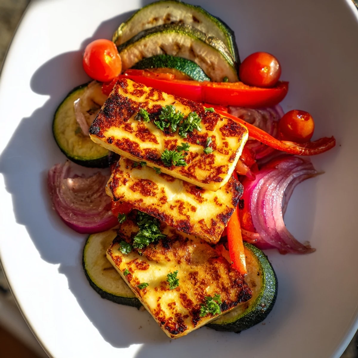 Mediterranean grilled halloumi cheese steak topped with vibrant vegetables and fresh parsley garnish.  